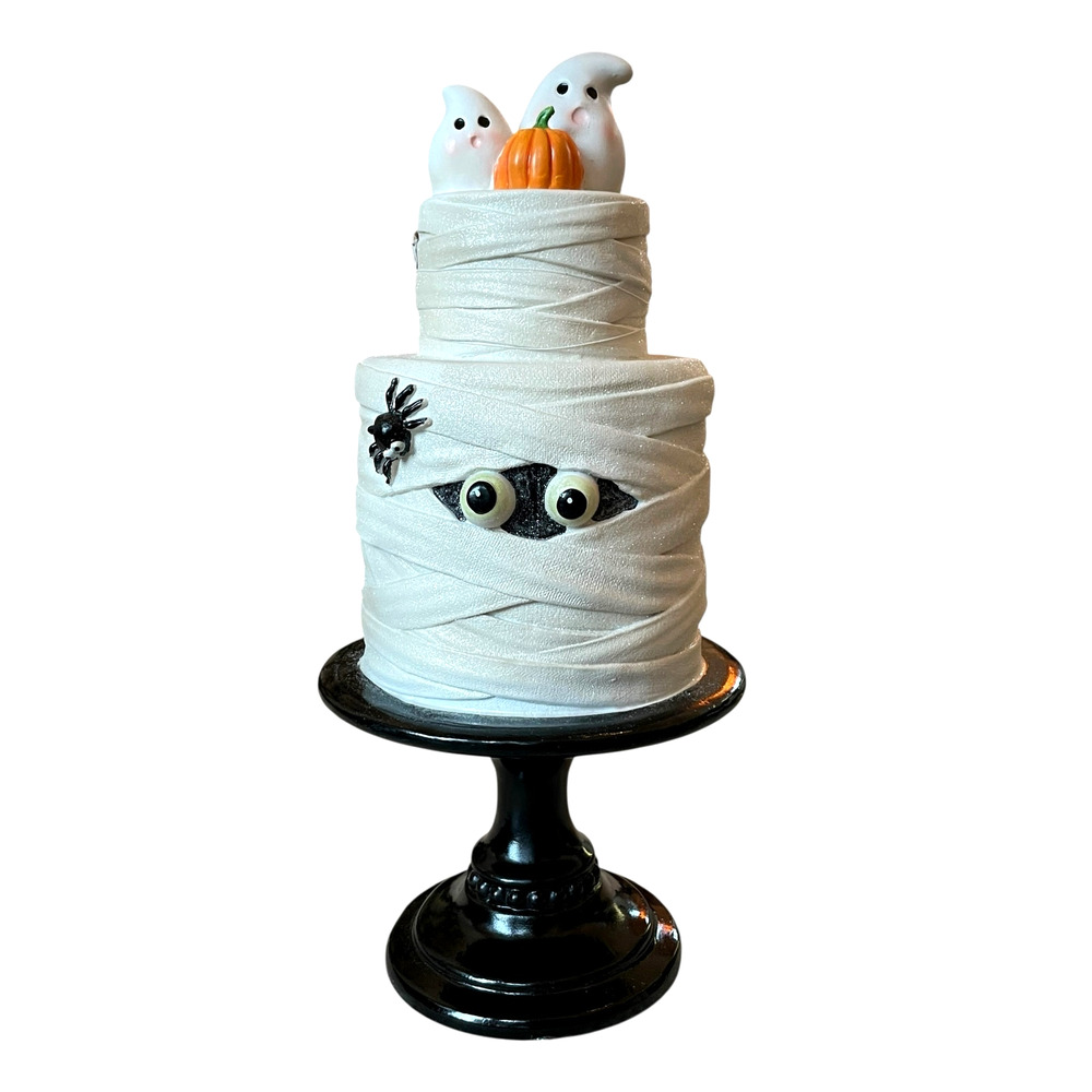 SWEET TREATS 2-Tier Mummy Halloween Faux Cake With Ghost & Pumpkin 19" NEW